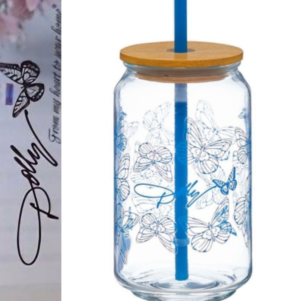 Dolly‎ Parton Script Butterfly Glass Jar w/Straw- Blue